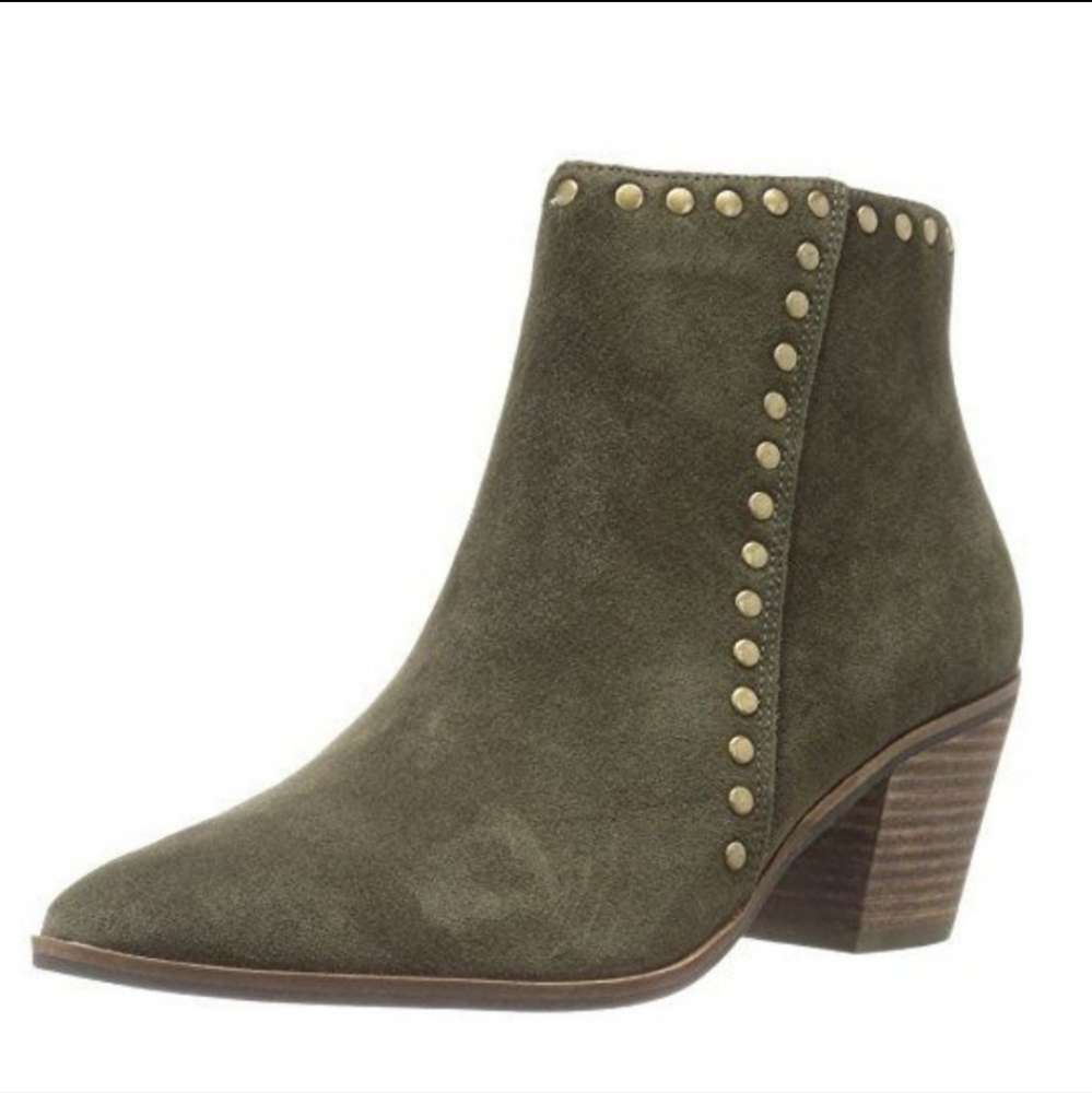 Lucky Brand Linnea Olive Green Suede Heeled Ankle Booties Gold Tone Grommets 11